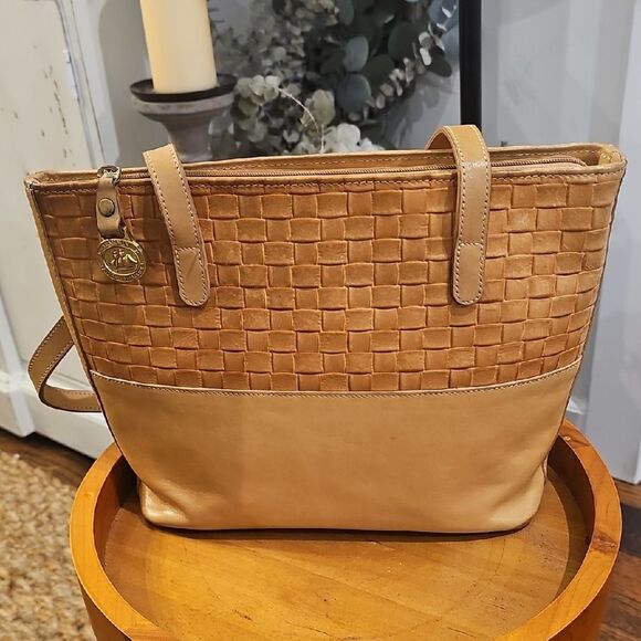 BRAHMIN Woven Leather Tote Tan Satchel Purse Classic American Heritage - Picture 1 of 11